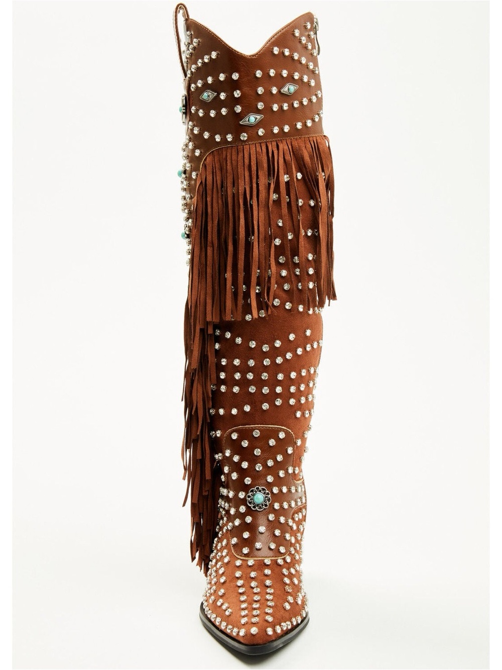 Studded Fringe Western Knee-High Boot in Cognac with Turquoise Accents - Picture 3 of 8